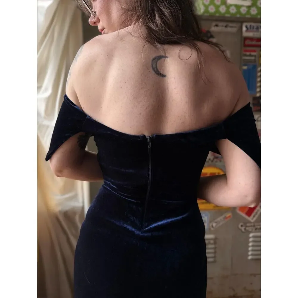 Vintage Y2K Velvet Maxi Dress | Navy Off Shoulder Column Slit Gown | S/M - Picture 7 of 11